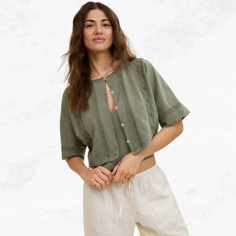 NEW Aerie Olive Green Short Sleeve Crochet Cropped Oversized Boxy Cardigan M